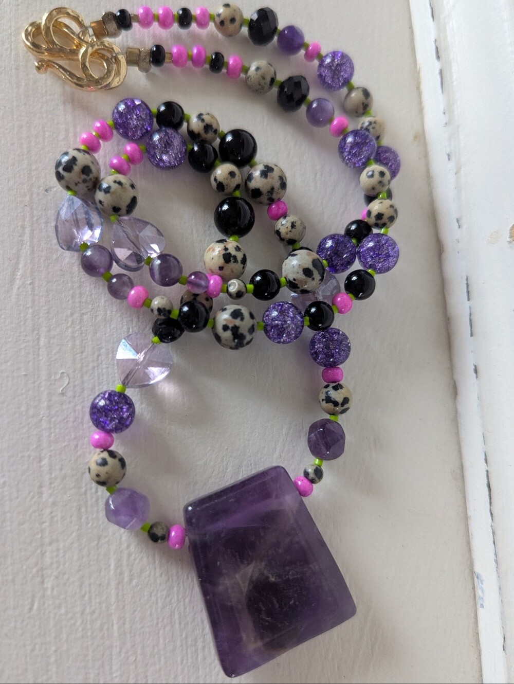 Handmade Beaded Amethyst Pendant Necklace Jasper Statement Hippie Summer Style